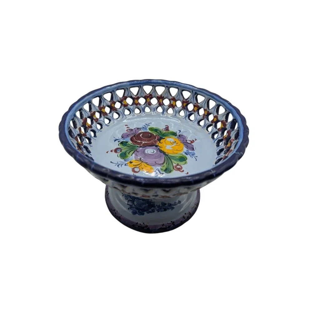 Handpainted Portugal Pottery Open Candy/Footed Compote/Footed Bowl READ